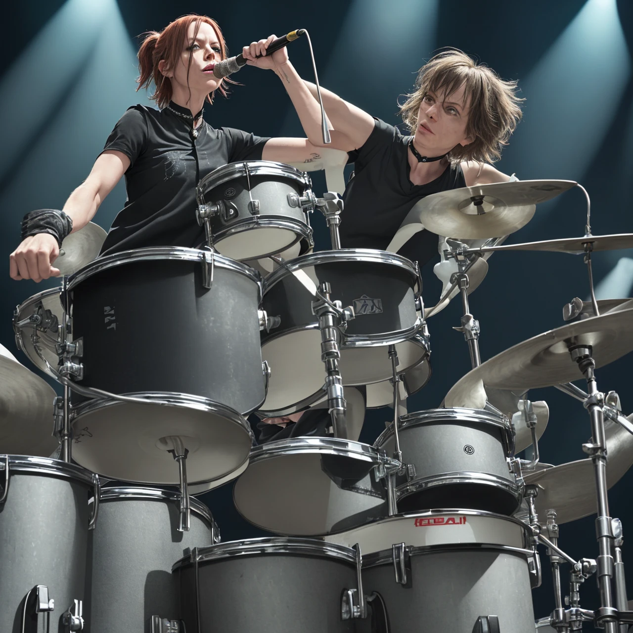 A rock band drummer ,garbage collector dress,on a stage 