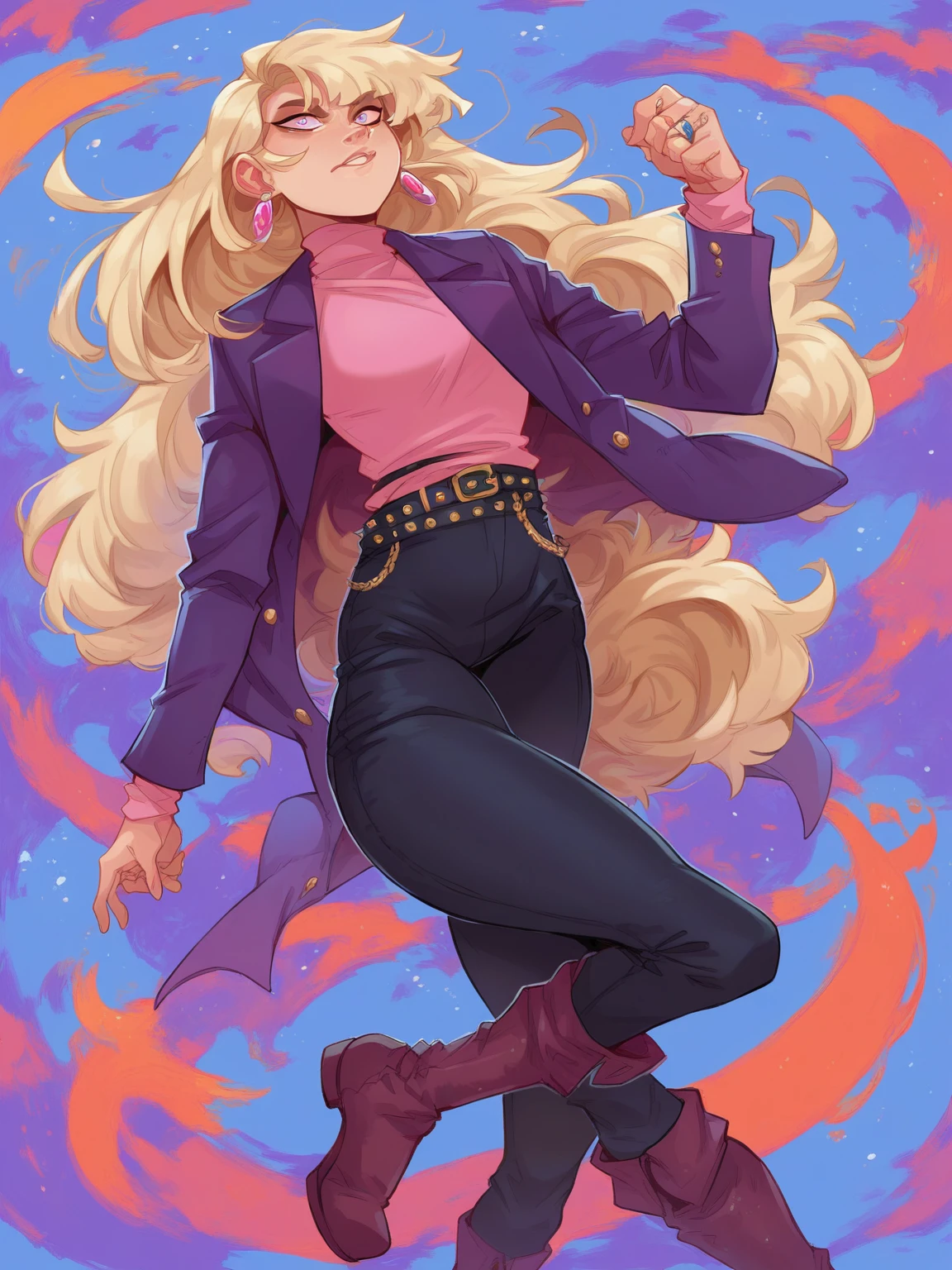 p_ca, 1girl, blonde hair, long hair, bangs hair, pupils are black dots, purple blazer, pink top, ring earrings, belt, black pants, fur boots,   lilandavastyle, score_9, score_8_up, score_7_up,