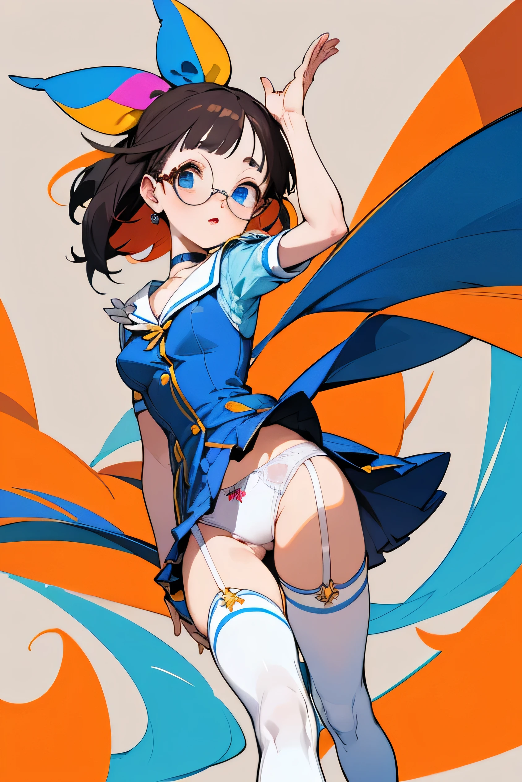 (Super detailed、Ultra-high resolution、Detailed Background)、((Flat Color))、((colorful))、Multicolored lighting、((浮かぶcolorfulな水))、Female idol dancing on stage、、body paint、Pop tattoo on the butt、Big Breasts、Sexy Random Pose、Low angle from behind、Beautiful ass、Buttocks up、
(Medium Hair、Silver Hair、hair ornaments、Glasses)、Beautiful blue eyes、Beautiful red lip、(pop uniform、Micro Mini Skirt、choker、Knee-high stockings、garter belt)、((White tight-thread panties))、((TWICE's Tzuyu' on pause))、(fun、smile、A rich expression)