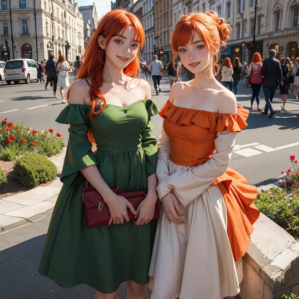 A very beautiful girl 18 years old white skin smile freckles in her face green eyes long orange hair wearing a beautiful red dress off shoulder in London