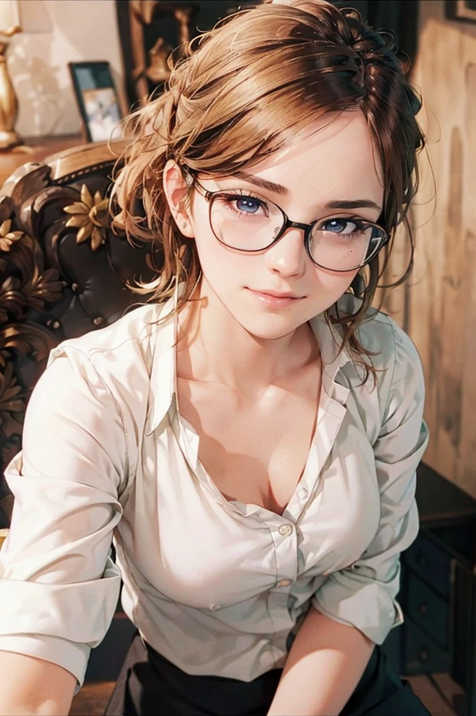 Masterpiece, 最high quality, high quality, High resolution, high quality texture, high quality shadows, High resolution, Beautiful details, Detailed CG, Detailed Texture, Realistic representation of face, Realistic, colorful, delicate, Cinematic Light, Side light, Lens flare, Ray Tracing, sharp concentrated, (1 Girl,concentrated:1.3), ( Intricate details, compensate, PureErosFaceV1:0.5), (細部まで美しいdelicateな顔, 緻密で美しいdelicateな瞳, Perfect Facial Proportions, Dense skin, Optimal ratio of four fingers to one thumb,Unified 8k wallpaper, Arms under chest, Modest chest, Wide Hips, Smooth upper abdomen, 35 years old, blue eyes, glasses, air fortress hair, blonde hair, house wife, the gaze of true love, lips of temptation, A look full of compassion ,a smile full of love, i love you, Acting lovey-dovey, I love you so much I'm crazy,

cabin attendant uniform,white blouse with open neck ,tight fitting black skirt,black stockings, excellent secretary ,working as a secretary, wooden desk, wooden chair,
