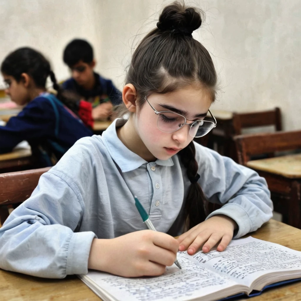 Pale skin ponytail hair Kurdish glasses teen studying at table tin body