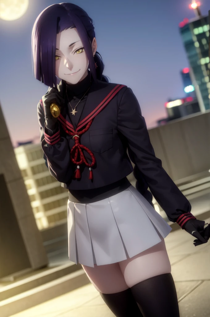 maganechikujouin, magane chikujouin, long hair, purple hair, braid, single braid, (hair over one eye:1.5), (yellow eyes:1.3), smile, grin,
BREAK skirt, thighhighs, gloves, jewelry, , earrings, serafuku, black gloves, black thighhighs, necklace, zettai ryouiki,
BREAK outdoor, city, night, sky, buildings, moon, clouds,
BREAK looking at viewer, (cowboy shot:1.5),
BREAK (masterpiece:1.2), best quality, high resolution, unity 8k wallpaper, (illustration:0.8), (beautiful detailed eyes:1.6), extremely detailed face, perfect lighting, extremely detailed CG, (perfect hands, perfect anatomy),