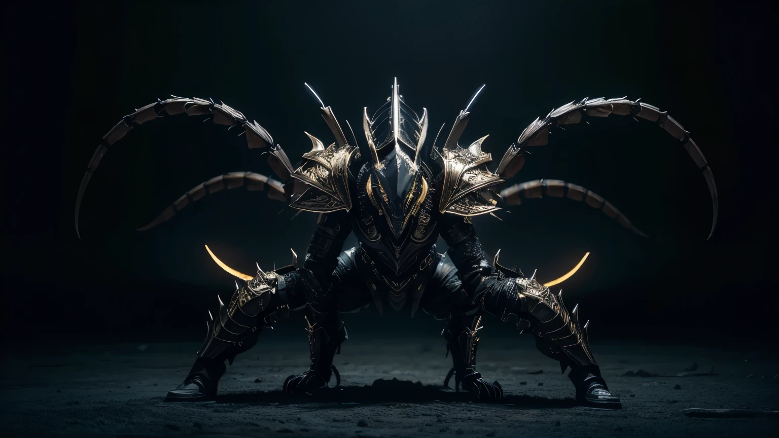 a highly detailed scorpion-themed full body armor, exquisitely crafted with intricate mechanical designs, sharp scorpion claws and tail, gleaming metal plating, glowing bioluminescent details, dark moody lighting, cinematic dramatic lighting, dark fantasy, digital art, concept art, hyper detailed, 8k, photorealistic, masterpiece