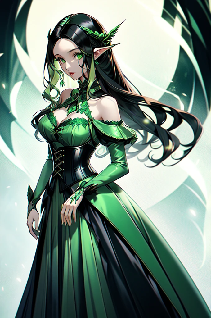  a woman with long curly brunette hair, her eyes are a beautiful green color, she has very full lips that are parted slightly and a slender nose. Her chest is covered with a deep green corset*