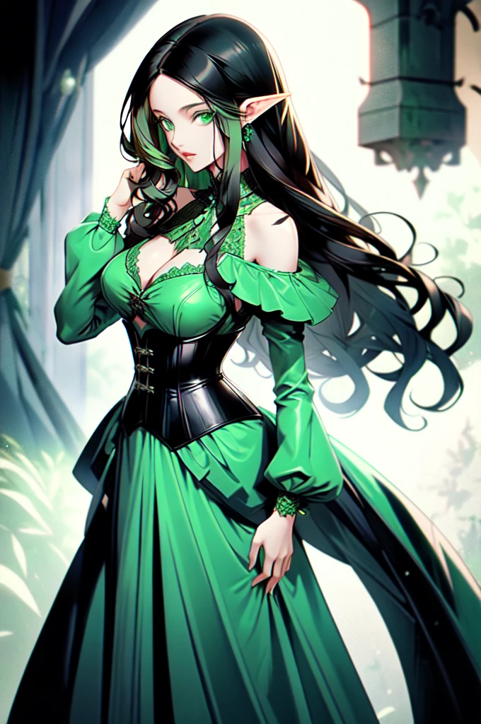 a woman with long curly brunette hair, her eyes are a beautiful green color, she has very full lips that are parted slightly and a slender nose. Her chest is covered with a deep green corset*