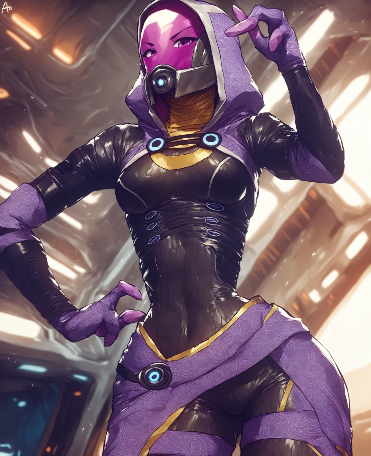 score_9, score_8_up, score_7_up, score_6_up, score_5_up, score_4_up, source_furry, by aqe, tali, tali'zorah, alien, alien humanoid, humanoid, quarian, 3 fingers, armor, black clothing, bodysuit, clothed, clothing, female, fingers, headgear, helmet, hood, not furry, detailed background, spacecraft, skinsuit, solo, tight clothing, hand on hip, pose, pose, cute pose, pinup, wide hips, medium breasts,