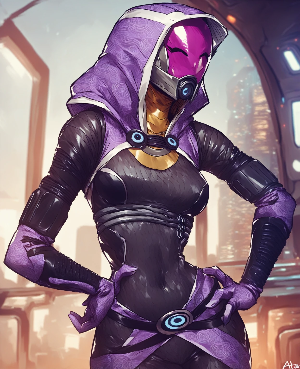 score_9, score_8_up, score_7_up, score_6_up, score_5_up, score_4_up, source_furry, by aqe, tali, tali'zorah, alien, alien humanoid, humanoid, quarian, 3 fingers, armor, black clothing, bodysuit, clothed, clothing, female, fingers, headgear, helmet, hood, not furry, detailed background, spacecraft, skinsuit, solo, tight clothing, hand on hip, pose, pose, cute pose, pinup, wide hips, medium breasts,