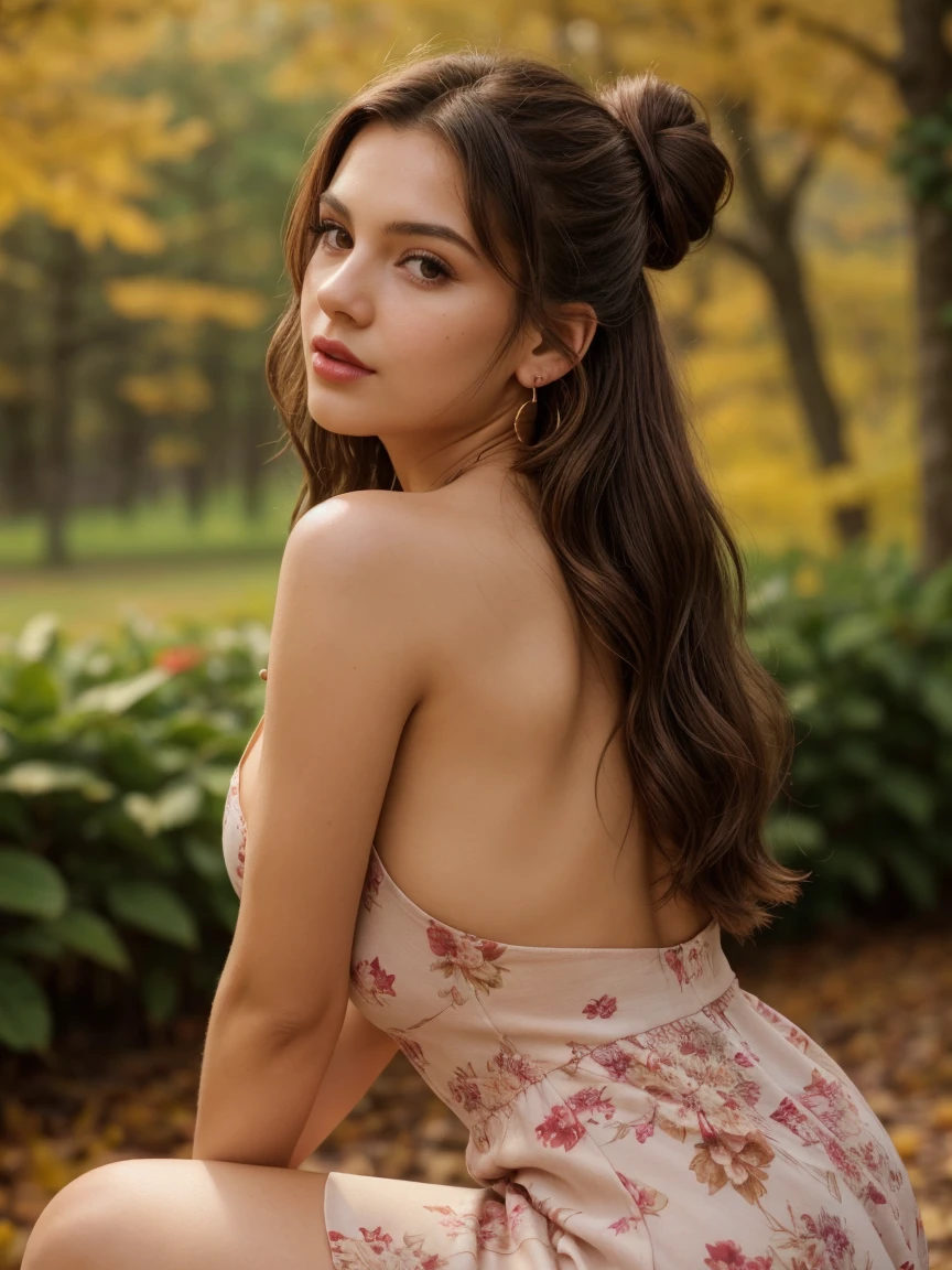 A half body photo portrait of a attractive woman 21 y.o.,  fully body posing shot, deep cleavage,
autumn, A floral maxi dress with heeled boots, Miss, Tall, Firm, Square Face, Dark Skin, Brunette Hair, Amber Eyes, Long Nose, Thick Lips, Sharp Chin, Shoulder-Length Hair, Wavy brown Hair, Messy Top Knot, medium breasts, Clip-on earrings, berry matte lipstick,
moles, skin imperfection,
Masterpiece, hi res, 8k, award winning, RAW photo, high quality, 35mm photograph, film grain, bokeh, professional, 4k, highly detailed, 