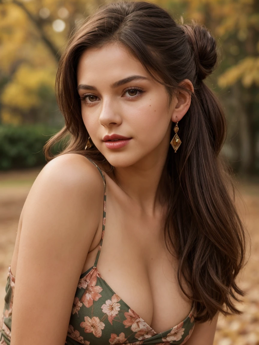 A half body photo portrait of a attractive woman 21 y.o., fully body posing shot, deep cleavage,
autumn, A floral maxi dress with heeled boots, Miss, Tall, Firm, Square Face, Dark Skin, Brunette Hair, Amber Eyes, Long Nose, Thick Lips, Sharp Chin, Shoulder-Length Hair, Wavy brown Hair, Messy Top Knot, medium breasts, Clip-on earrings, berry matte lipstick,
moles, skin imperfection,
Masterpiece, hi res, 8k, award winning, RAW photo, high quality, 35mm photograph, film grain, bokeh, professional, 4k, highly detailed,