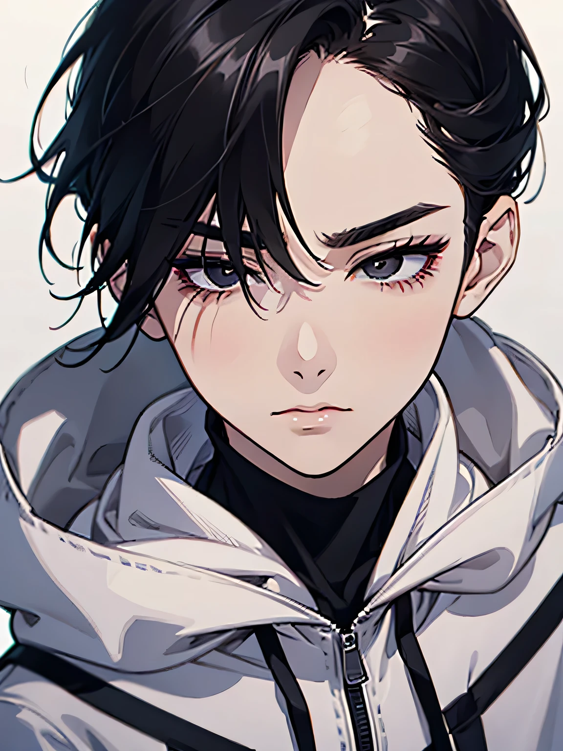 man, simple, eye contact, face close up, asian eyes, pale skin, black hair, dark black eyes, half-closed eyes, small eyes, elegant, hair combed back, hoodie, specific bone structure, certain facial features, Strong jaw