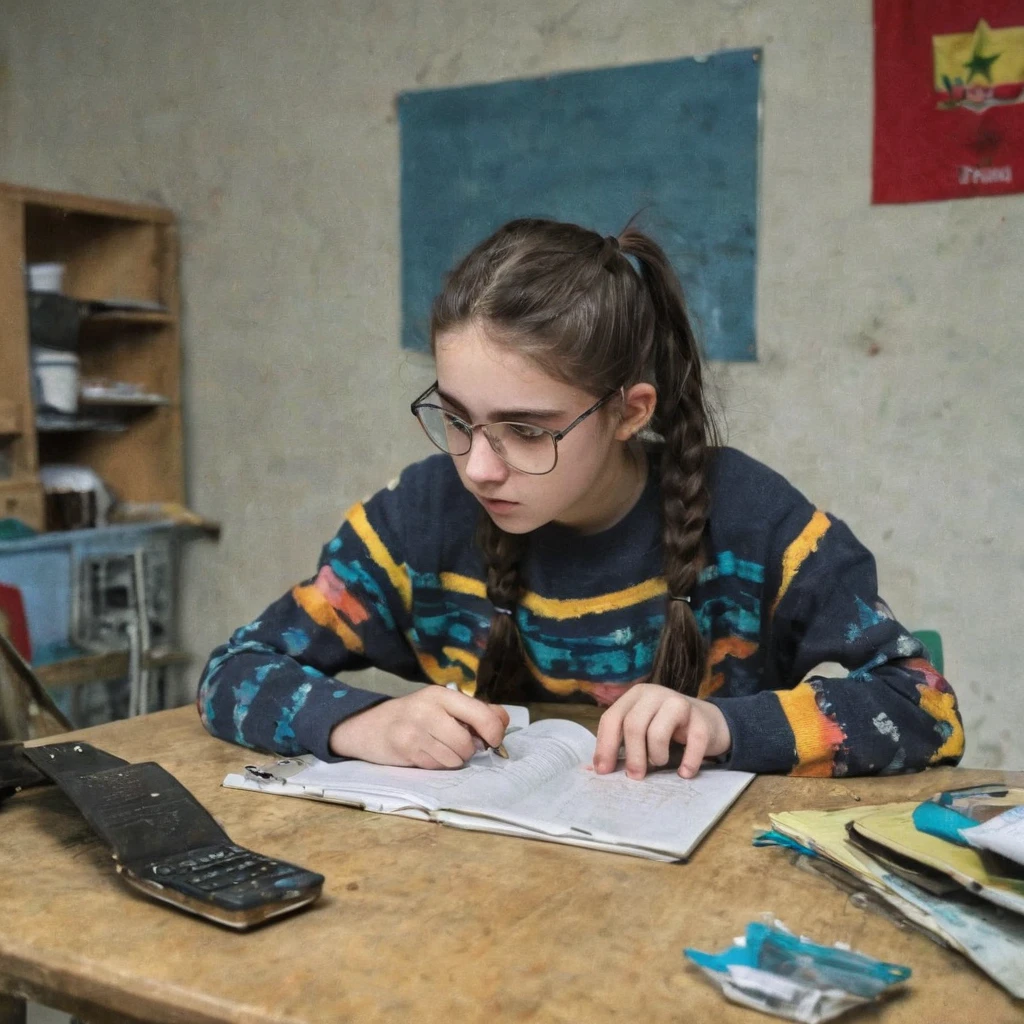 Pale skin ponytail hair Kurdish glasses teen studying at table tin body