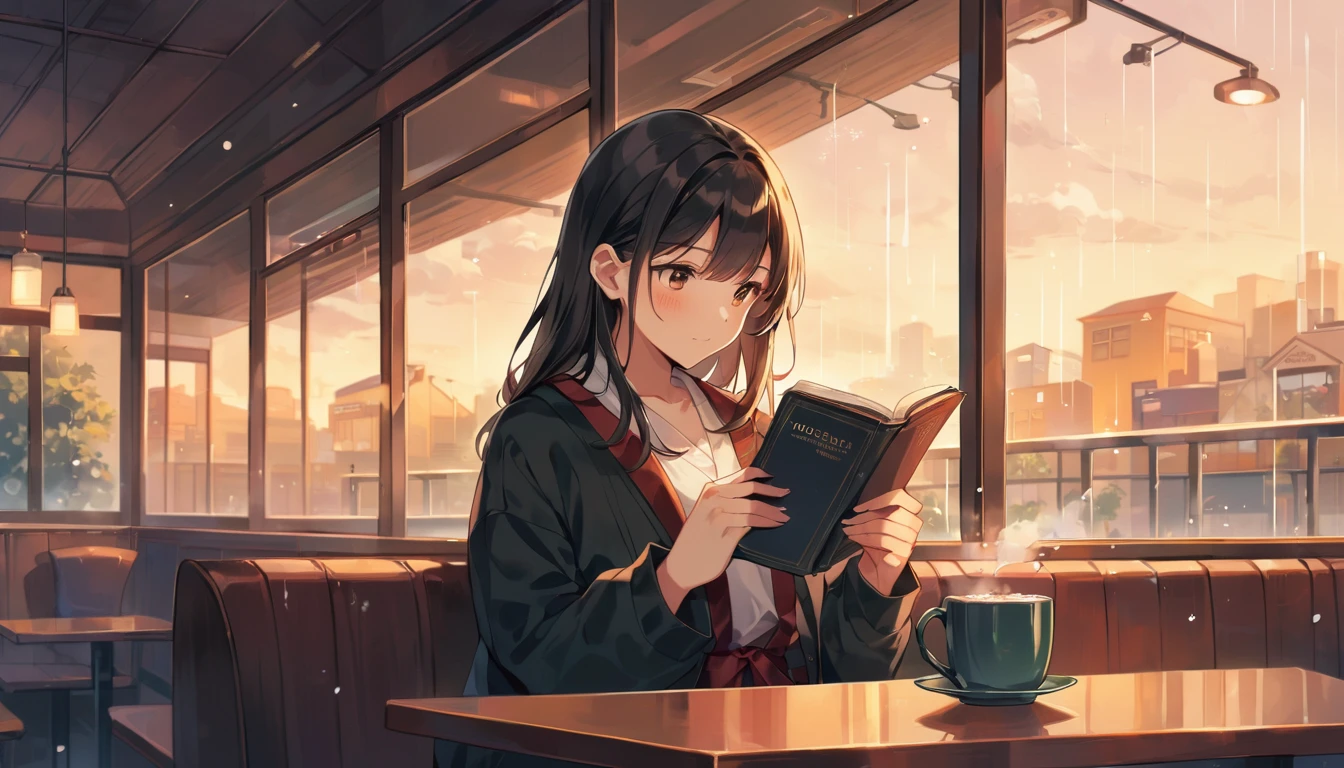 Scene of a cafe with rain falling outside the window, a girl is reading a book while drinking hot chocolate at a window seat, warm light and calm expression are impressive, Japanese anime style