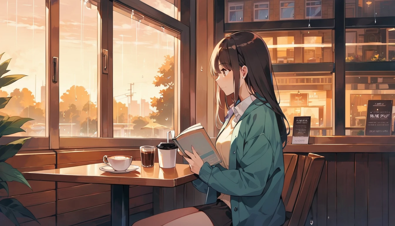 Scene of a cafe with rain falling outside the window, a girl is reading a book while drinking hot chocolate at a window seat, warm light and calm expression are impressive, Japanese anime style