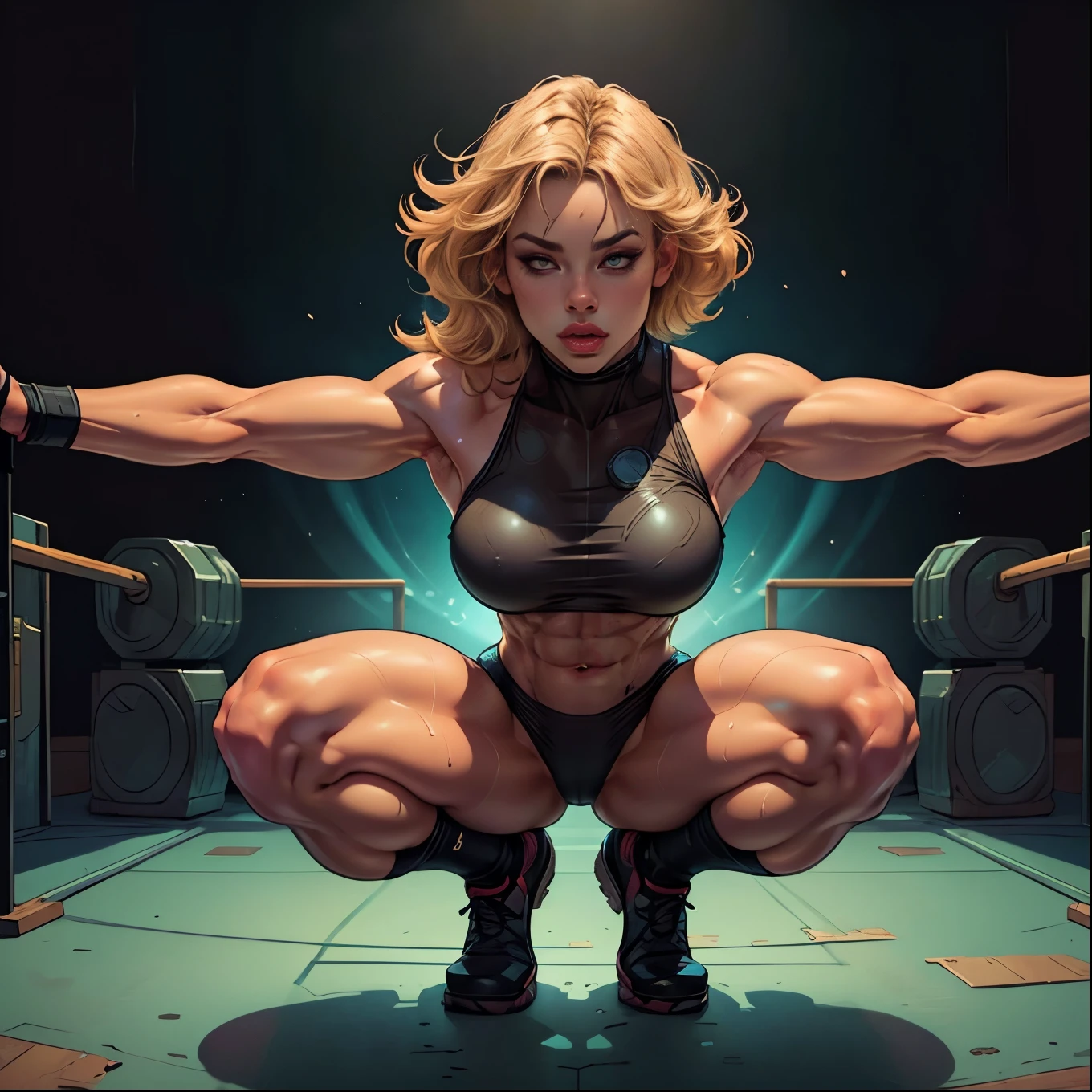 (training、Squat、Raising his arm to show his armpit、sweating:1.4)、(Female wrestler、a muscular build、Six Pack Abs)、Dramatic Wrestling Outfits、A wrestling ring stage under the spotlight、Detailed full body portrait、(Highest quality、4K、8K、High resolution、masterpiece:1.2)、Super detailed、(Real、Photorealistic、Photorealistic:1.37)、Dynamic action poses、Dynamic lighting、Cinematic composition、Highly detailed facial features、Highly detailed eyes and face、Long eyelashes、Chiaroscuro Lighting、Dramatic Shadows、Impressive color palette、Bright colors、Motion Trail Effect:1.9