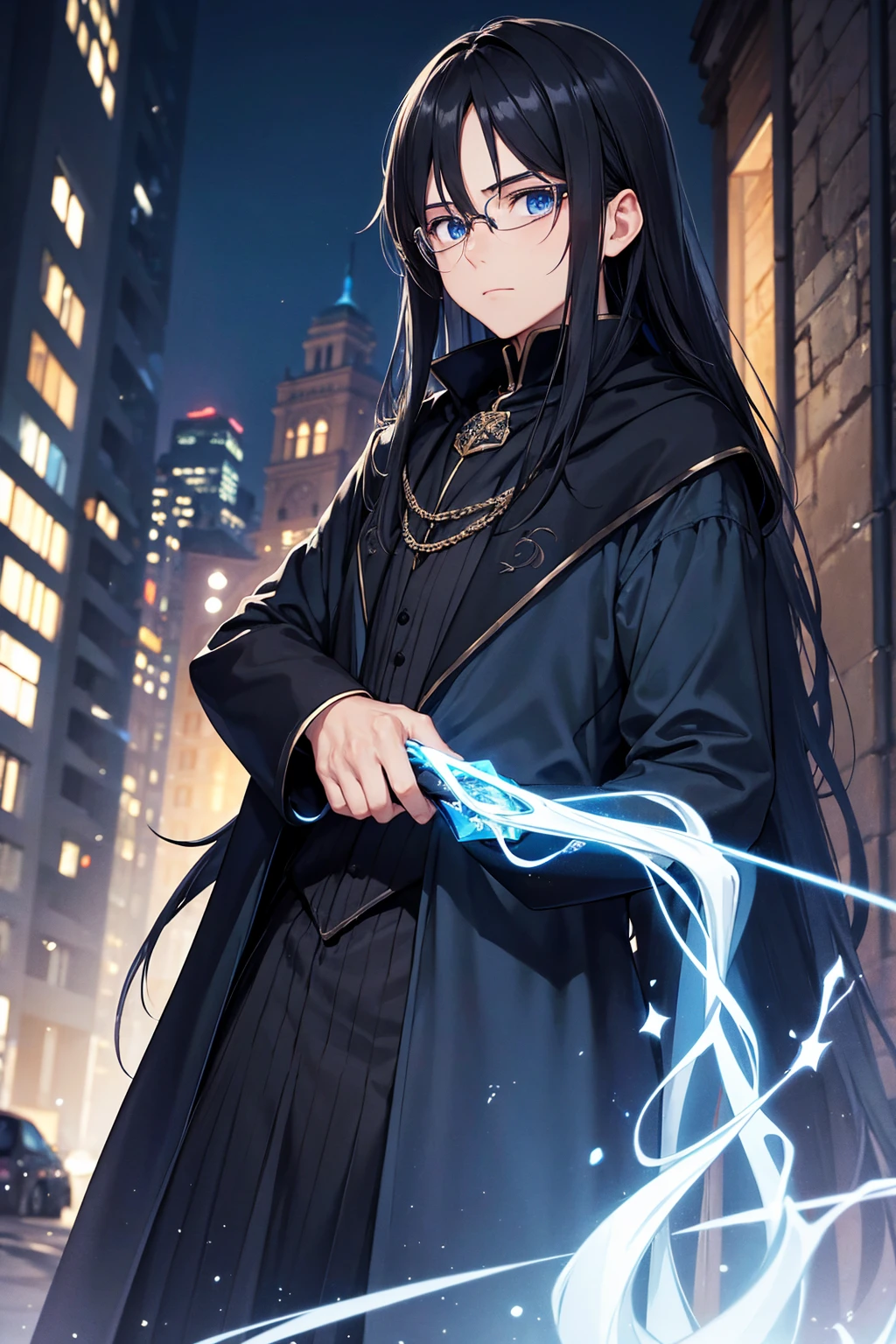 A man wearing glasses, black long-haired wizard, dark blue eyes, black with blue wizard clothes, young magician, intellectual, cold personality, medieval city background in blue night