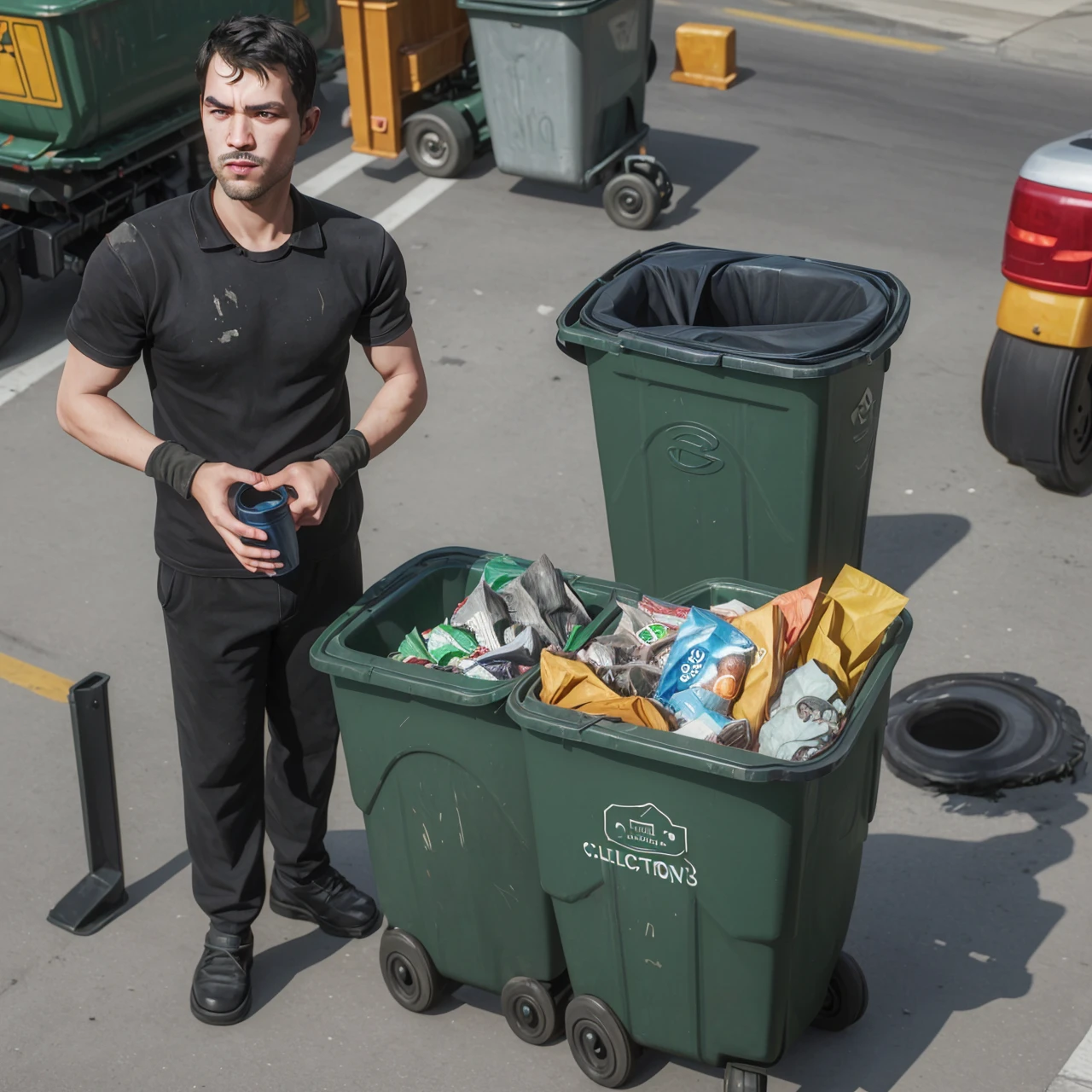 Garbage collector man holding trash can