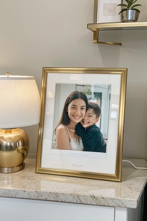 An elegant digital photo frame with thin frames sits on a white marble shelf in a modern, bright living room.. The photo frame screen displays a bright, colorful family photo of a happy couple with two children against the backdrop of a seascape. The photo frame is slightly rotated to the right, to create depth and volume.
To the right of the photo frame there is a small green plant in a white pot, on the left is a stylish table lamp with gold elements. On the wall behind the photo frame you can see part of an abstract painting in pastel colors.
The lighting is soft, but bright, highlighting the quality of the photo frame display and creating a cozy atmosphere. In the lower right corner of the image there is a small translucent logo of the photo frame brand.
The overall composition creates a feeling of homeliness, modern style and technology, drawing attention to the central element - the digital photo frame