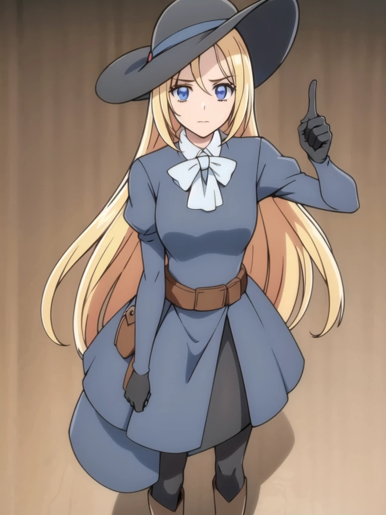 ((Best quality))),((Ultra-detailed)),((illustration)),((Disheveled hair)),((frilld)),(1 girl),(Solo), 1girl,***,handgun,hat,holding,holding_***,looking_at_viewer,solo,weapon,rating:safe,adjusting_clothes,adjusting_hat,adjusting_headwear,black_footwear,black_gloves,black_hat,black_headwear,black_legwear,black_pantyhose,blonde_hair,blue_bow,blue_eyes,boots,bow,clothing,dress,female,female_only,footwear,frills,gloves,headwear,holding_weapon,knee_boots,legwear,long_hair,makaria,pantyhose,pistol,pointing,pointing_at_viewer,pouch,olo,standing,