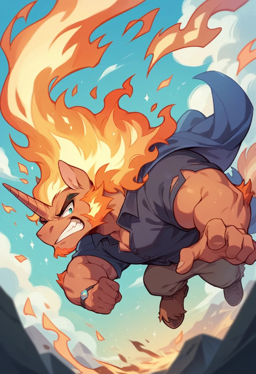 A capybara with an orange on its head, who is riding a diamond unicorn, in which one is flying over a burning city