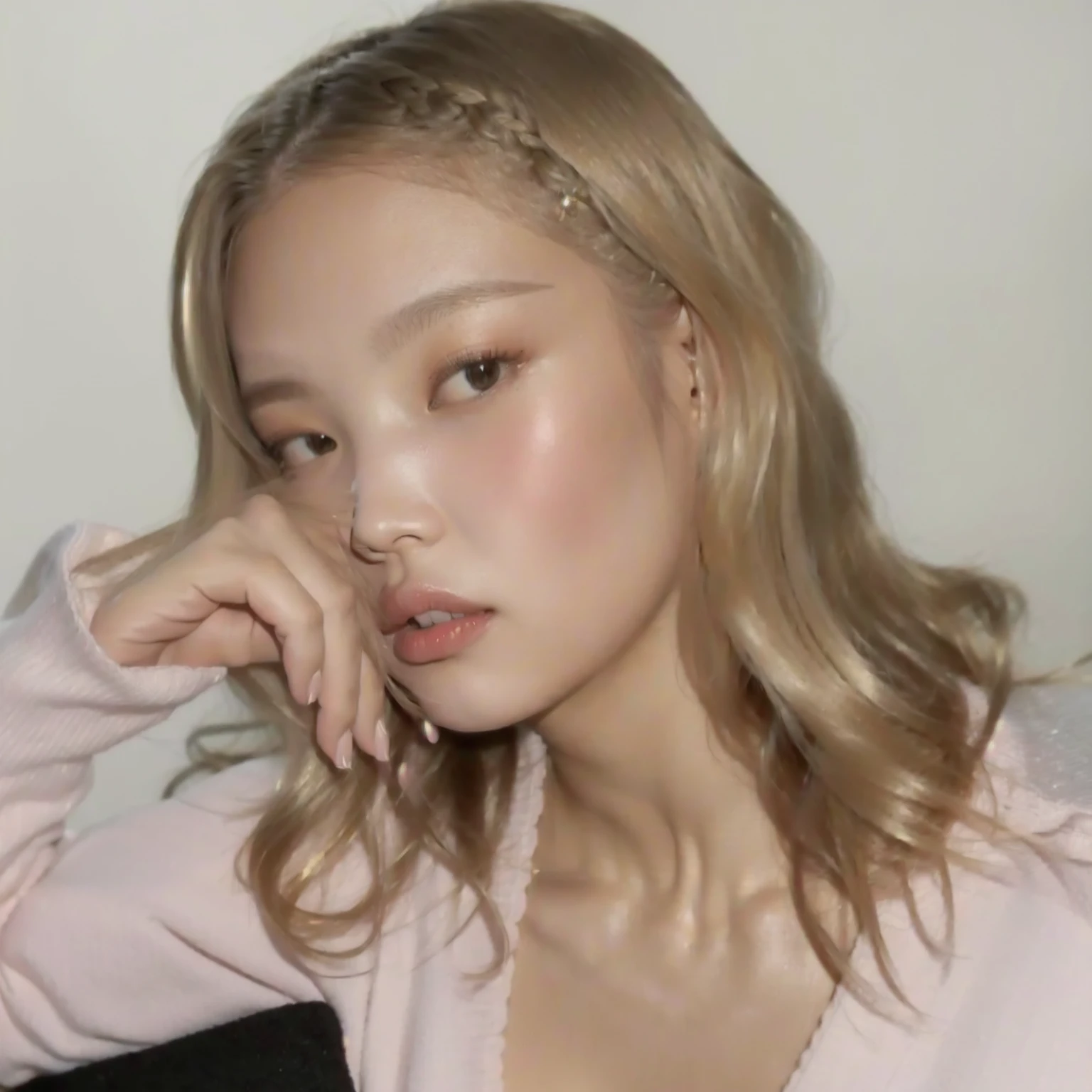 blonde woman with long hair wearing a pink sweater and a gold headband, beautiful young model, Portrait Sophie Mudd, A girl with blonde hair, In the style of Petra Collins, profile headshot, 2 4 year old female model, very pretty face, very pretty model, looking to the side off camera, hyperrealistic teenager, soft portrait 8k, jennie blackpink, Jennie kim, Kim Jennie