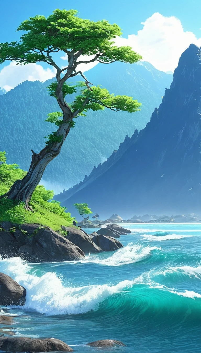 beautiful, animated scenery, mountains and tides, tree