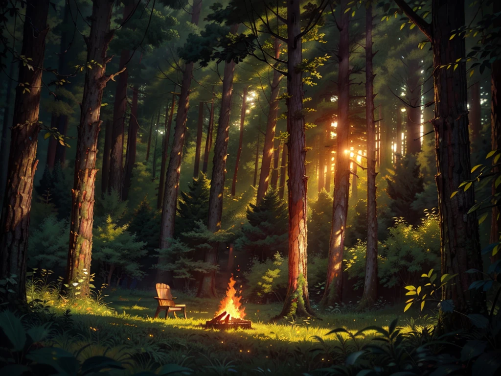 ultra-detailed, (best quality:1.2), (ultra highres:1.1), high resolution, enigmatic, sunny day, ray of lights, 16k, unreal engine, UHD, photorealistic, twilight in the deciduous forest, blurred trees in the background, a forest clearing, a lonely spreading old tree, a bonfire is burning under it