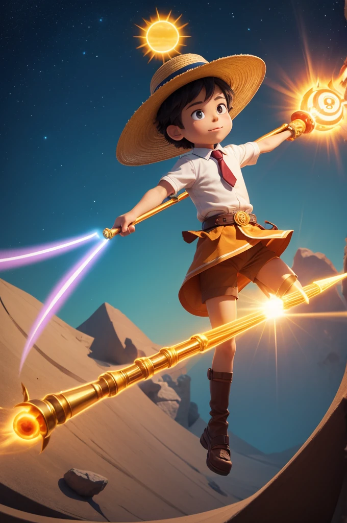 Create a boy in Cartoon animation with sun god style solar tie and a staff of light and a wide brimmed hat