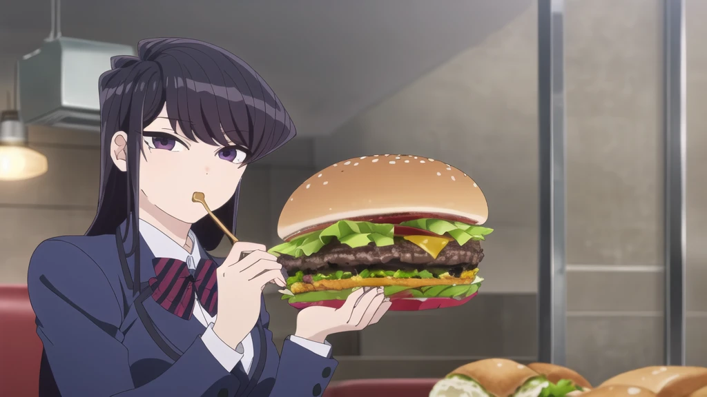 girl, Alone, Upper part of the body,  looking at the viewer, , dark blue jacket, striped bow tie, , perfect quality, Good quality, Masterpiece, HDR, eating hamburger, sitting, hamburger in the mouth