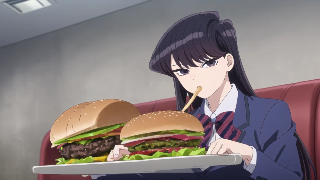 girl, Alone, Upper part of the body,  looking at the viewer, , dark blue jacket, striped bow tie, , perfect quality, Good quality, Masterpiece, HDR, eating hamburger, sitting, hamburger in the mouth