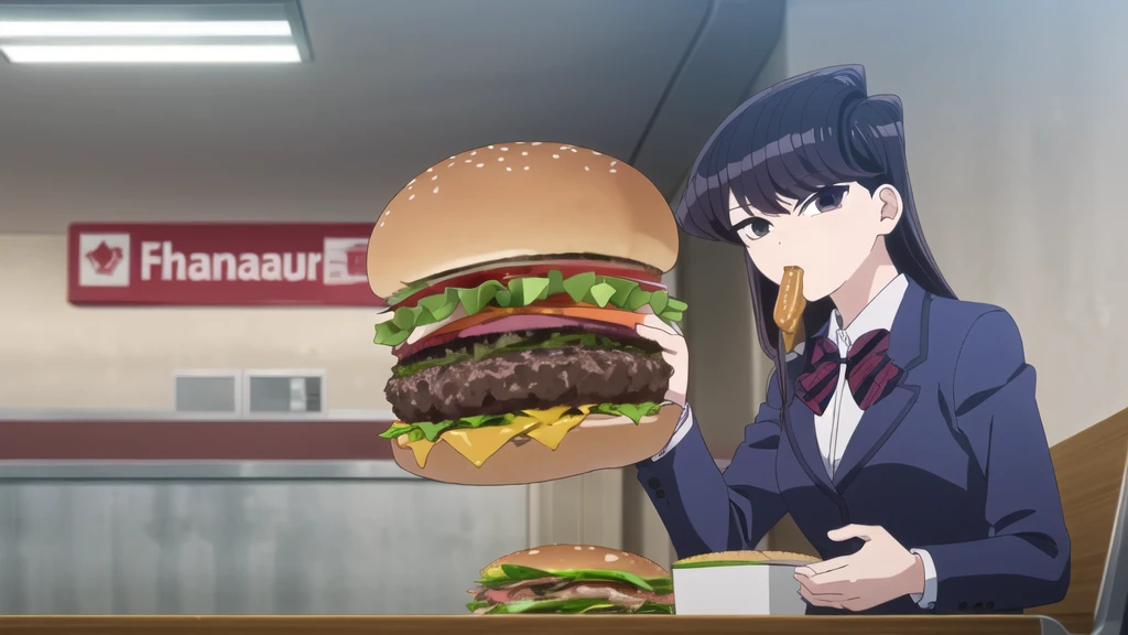 girl, Alone, Upper part of the body,  looking at the viewer, , dark blue jacket, striped bow tie, , perfect quality, Good quality, Masterpiece, HDR, eating hamburger, sitting, hamburger in the mouth