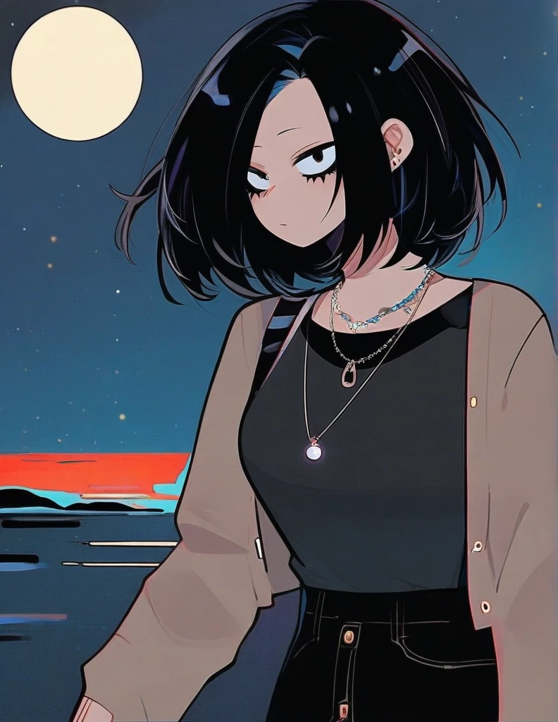 One girl, famale focus, boku no hero academia, with dark circles , mysterious ,ingenious , casual and dark clothing , black hair large , so beautiful, necklace moon ,