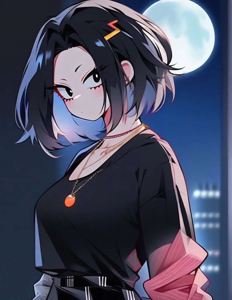 One girl, famale focus,  boku no hero academia, with dark circles   , mysterious ,ingenious , casual and dark clothing , black hair large , so beautiful, necklace moon ,