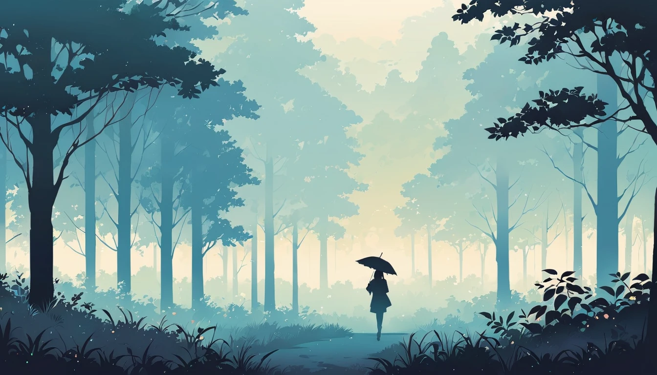 Landscape of park or forest with trees and plants shrouded in mist, silhouette of a girl walking with a colorful umbrella drawn in soft tones, expressing the relaxing feeling of a solo walk in nature, Japanese anime style