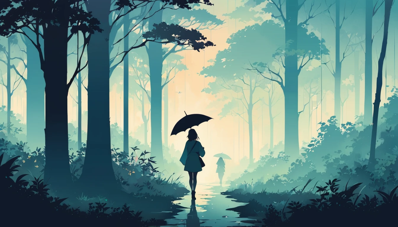 Landscape of park or forest with trees and plants shrouded in mist, silhouette of a girl walking with a colorful umbrella drawn in soft tones, expressing the relaxing feeling of a solo walk in nature, Japanese anime style