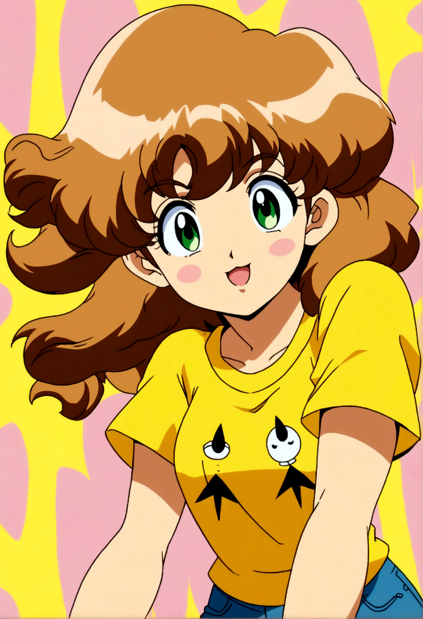 a close-up of a cartoon woman in a yellow t-shirt and jeans, greeneyes, retro anime girl, in the art style of 80s anime, anime style portrait, I&#39;m going to make fanart too, anime art style, female protagonist 👀 :8, 8 0 s anime art style, urban girl fanart, anime style character, anime style illustration, anime artstyle