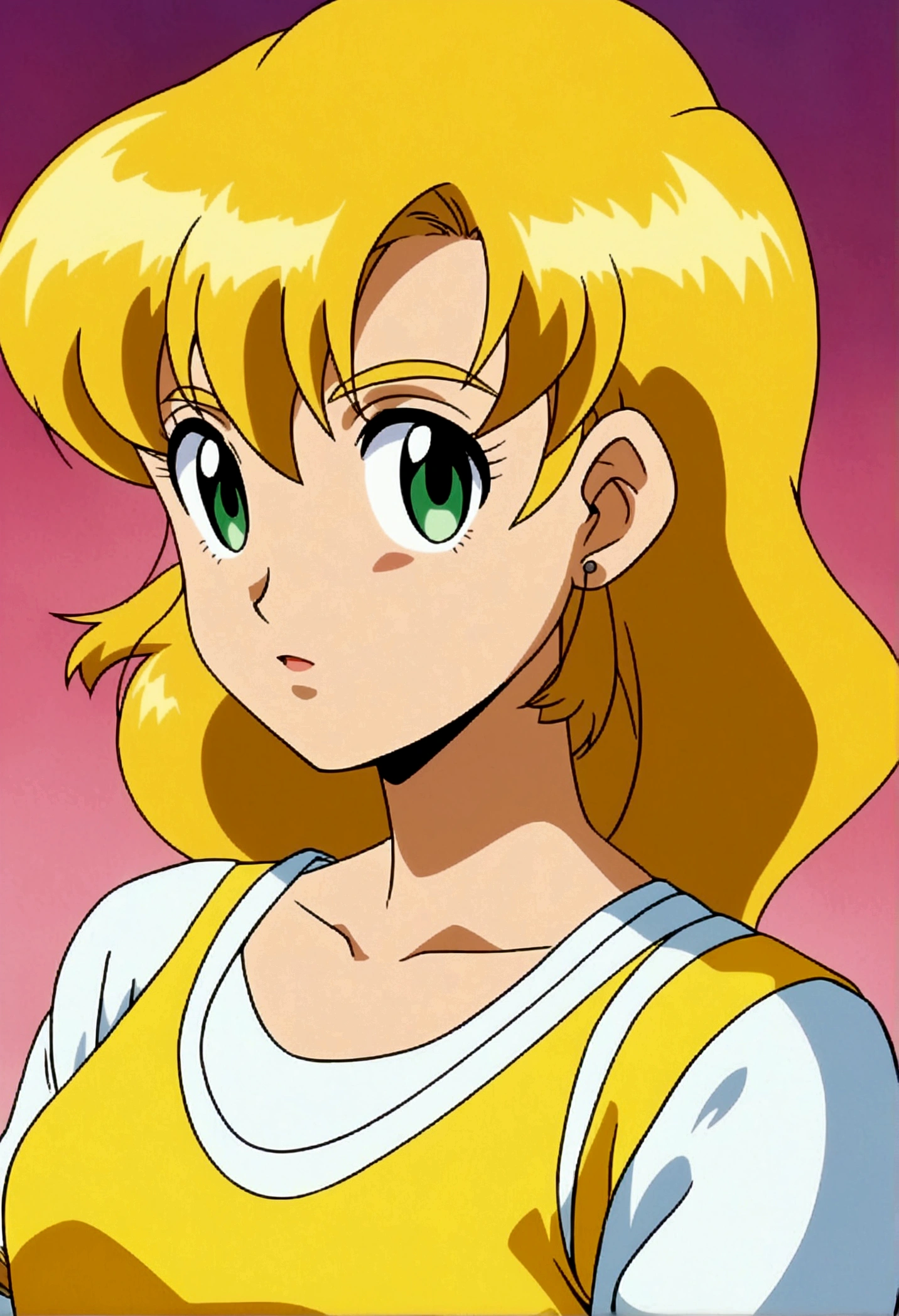 a close-up of a cartoon woman in a yellow t-shirt and jeans, greeneyes, retro anime girl, in the art style of 80s anime, anime style portrait, I'm going to make fanart too, anime art style, female protagonist 👀 :8, 8 0 s anime art style, urban girl fanart, anime style character, anime style illustration, anime artstyle