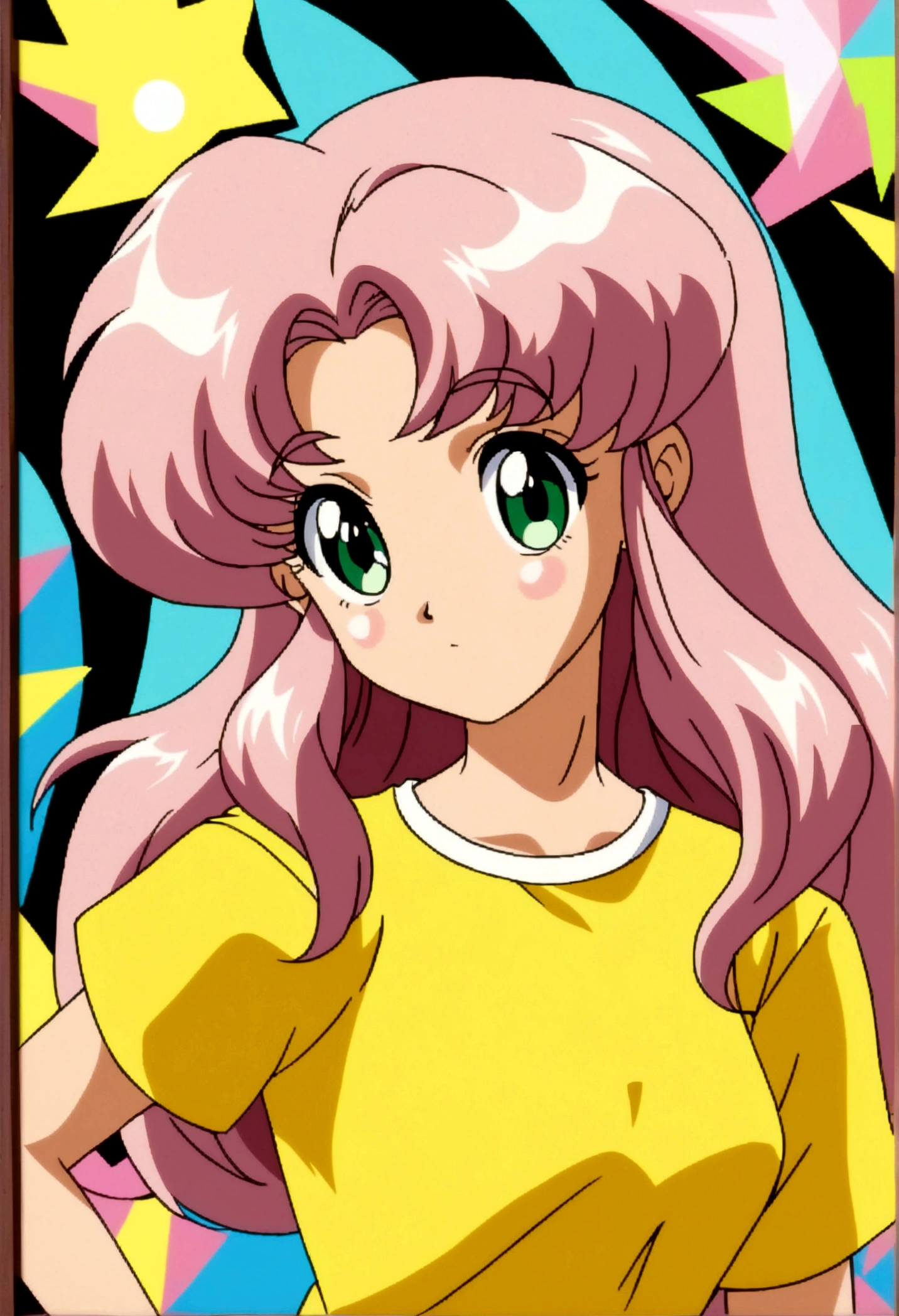 a close-up of a cartoon woman in a yellow t-shirt and jeans, greeneyes, retro anime girl, in the art style of 80s anime, anime style portrait, I&#39;m going to make fanart too, anime art style, female protagonist 👀 :8, 8 0 s anime art style, urban girl fanart, anime style character, anime style illustration, anime artstyle