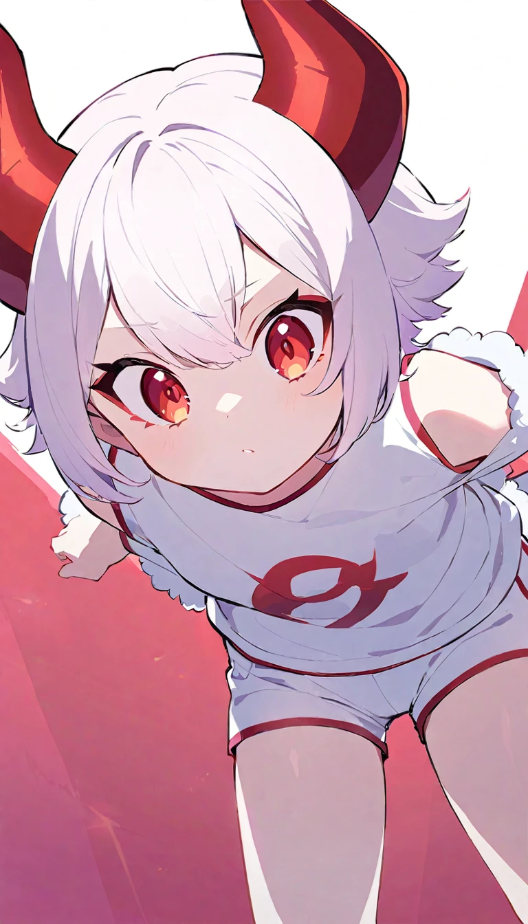 girl, devil girl, small red horns, white hair, short fluffy hair, big red eyes, pale skin, rosy cheeks, wearing a white t-shirt with a red stripe, gold lines on the shoulders, white shorts with red lines on the sides.