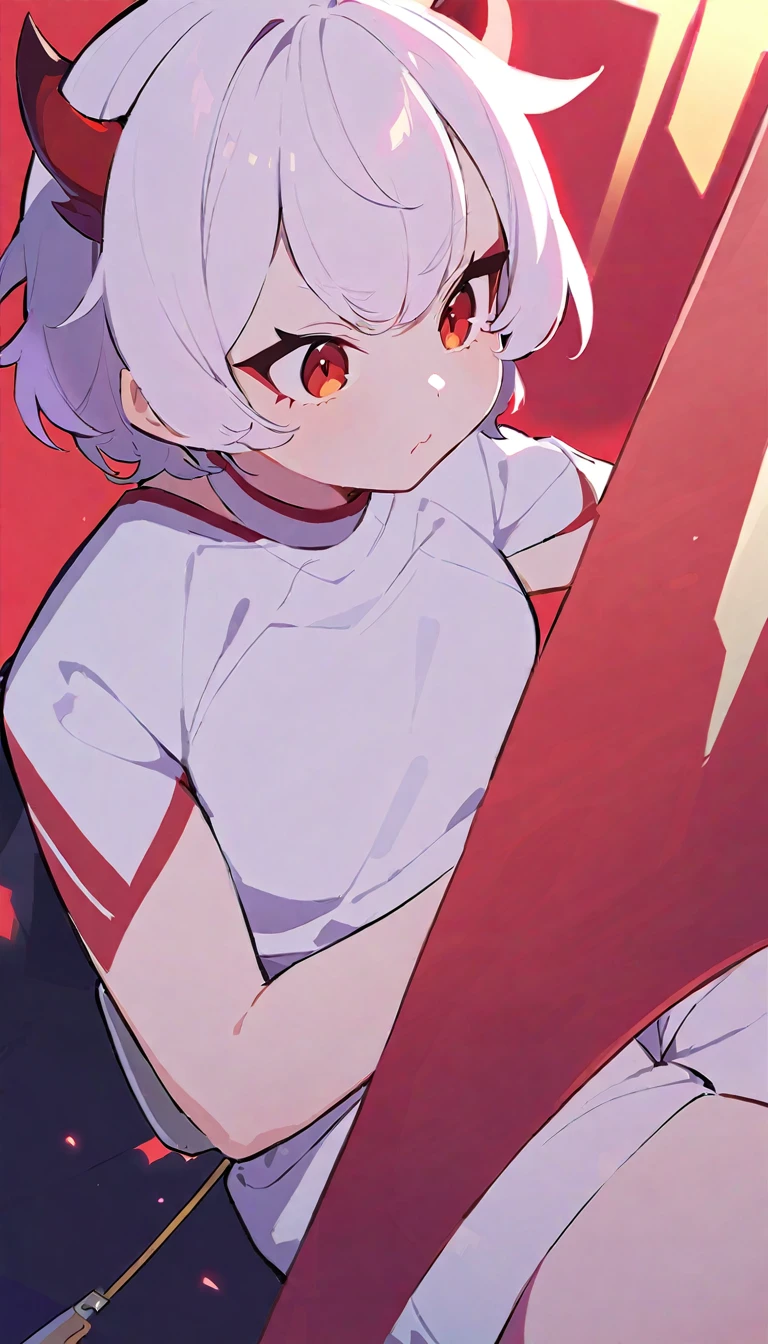Teenage girl, devil girl, small red horns, white hair, short fluffy hair, big red eyes, pale skin, rosy cheeks, wearing a white t-shirt with a red stripe, gold lines on the shoulders, white shorts with red lines on the sides.