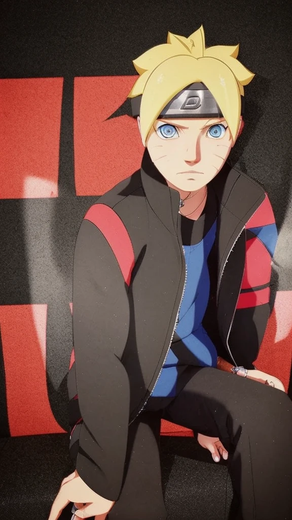 Create a 14 year old boy, Blonde hair, blue eyes, plain black and red jacket, like boruto 