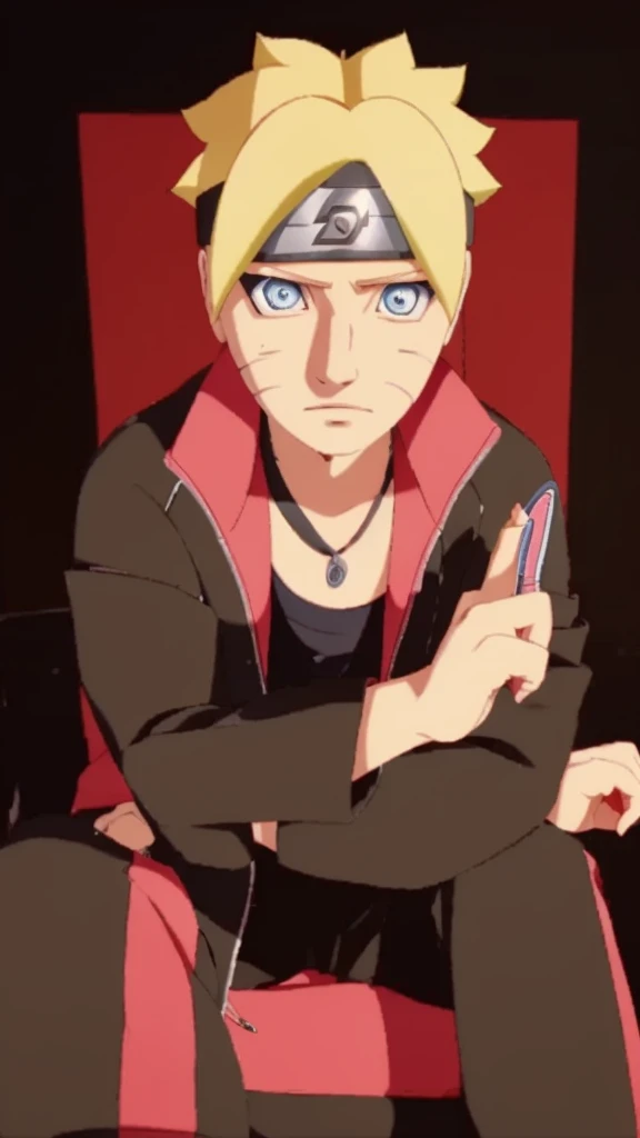 Create a 14 year old boy, Blonde hair, blue eyes, plain black and red jacket, like boruto 