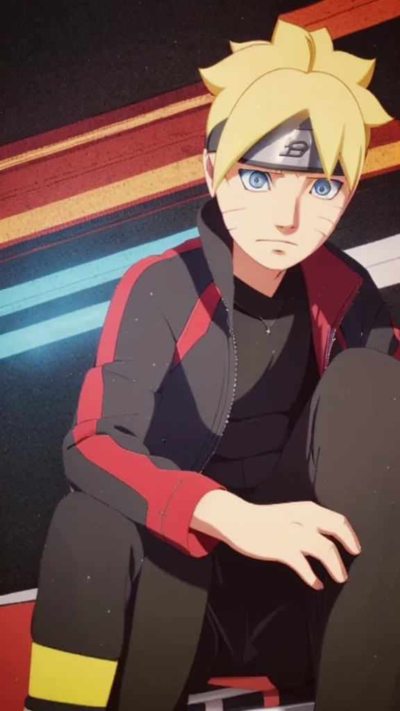 Create a 14 year old boy, Blonde hair, blue eyes, plain black and red jacket, like boruto 