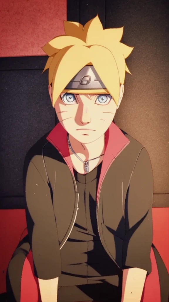 Create a 14 year old boy, Blonde hair, blue eyes, plain black and red jacket, like boruto 