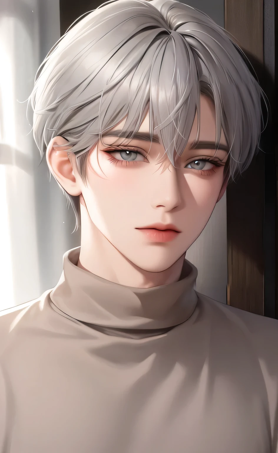 boy, gray hair, dark gray eyes, sharp features, White skin, brown sweater