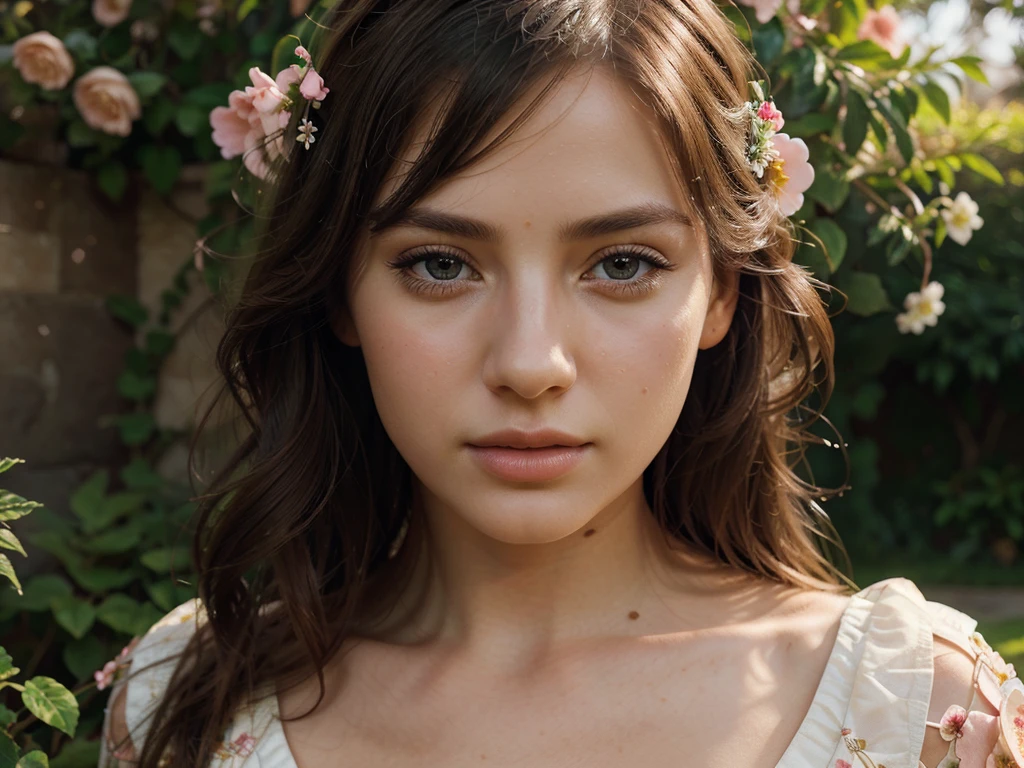 detailed illustration of a girl in a beautiful garden, detailed face, detailed eyes, detailed lips, long eyelashes, beautiful detailed expression, elegant dress, intricate floral patterns, blooming flowers, sunlight, warm color palette, high quality, digital art, cinematic lighting, photorealistic, concept art style