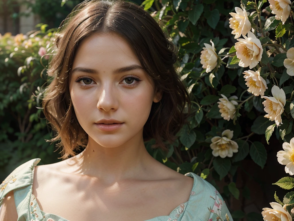 detailed illustration of a girl in a beautiful garden, detailed face, detailed eyes, detailed lips, long eyelashes, beautiful detailed expression, elegant dress, intricate floral patterns, blooming flowers, sunlight, warm color palette, high quality, digital art, cinematic lighting, photorealistic, concept art style