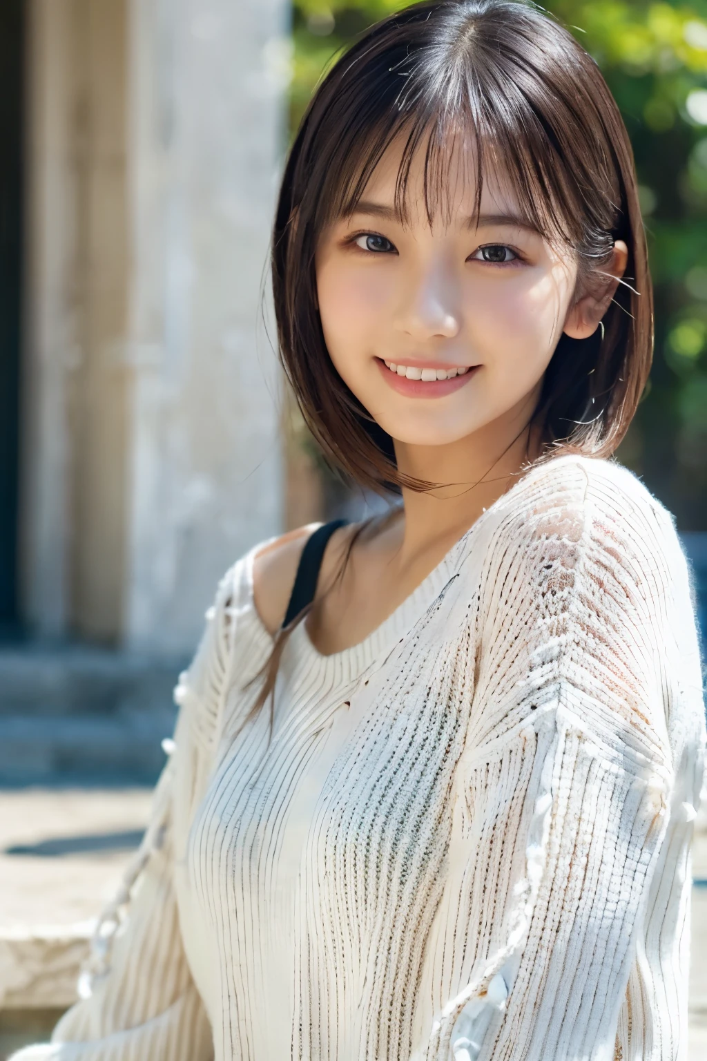 1 Girl, (Wearing a white summer sweater:1.2), Very beautiful Japanese idol portraits, 
(RAW Photos, Highest quality), (Realistic, Realistic:1.4), (masterpiece), 
Very delicate and beautiful, Very detailed, 2k wallpaper, wonderful, finely, Very detailed CG Unity 8K 壁紙, Very detailed, High resolution, Soft Light, 
Beautiful detailed girl, Very detailed目と顔, Beautiful and sophisticated nose, finelyて美しい目, Cinema Lighting, 
(I am doing gravure shoots for fashion magazines....:1.3), (Outdoor),
(short hair), 
Complete Anatomy, Slender body, Small breasts, smile