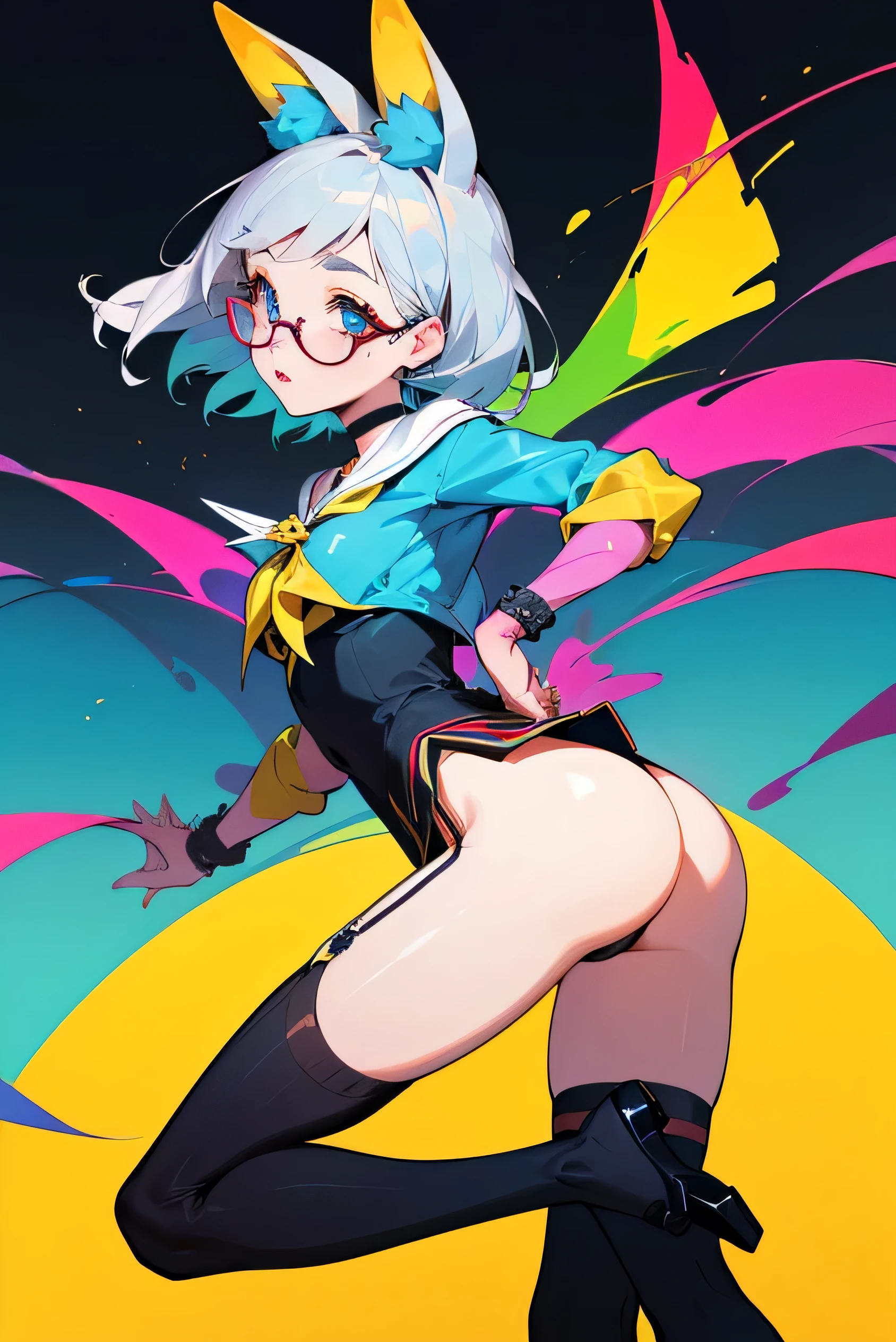 (Super detailed、Ultra-high resolution、Detailed Background)、((Flat Color))、((colorful))、((浮かぶcolorfulな水))、One female secretary in the office、body paint、Pop tattoo on the butt、Big Breasts、Sexy Random Pose、Low angle from behind、Beautiful ass、Buttocks up、
(Medium Hair、Silver Hair、hair ornaments、Glasses)、Beautiful blue eyes、Beautiful red lip、(Office Suits、blouse、Micro Mini Skirt、choker、Black knee-high stockings、garter belt)、TWICE's Tzuyu' on pause、(fun、smile、A rich expression)