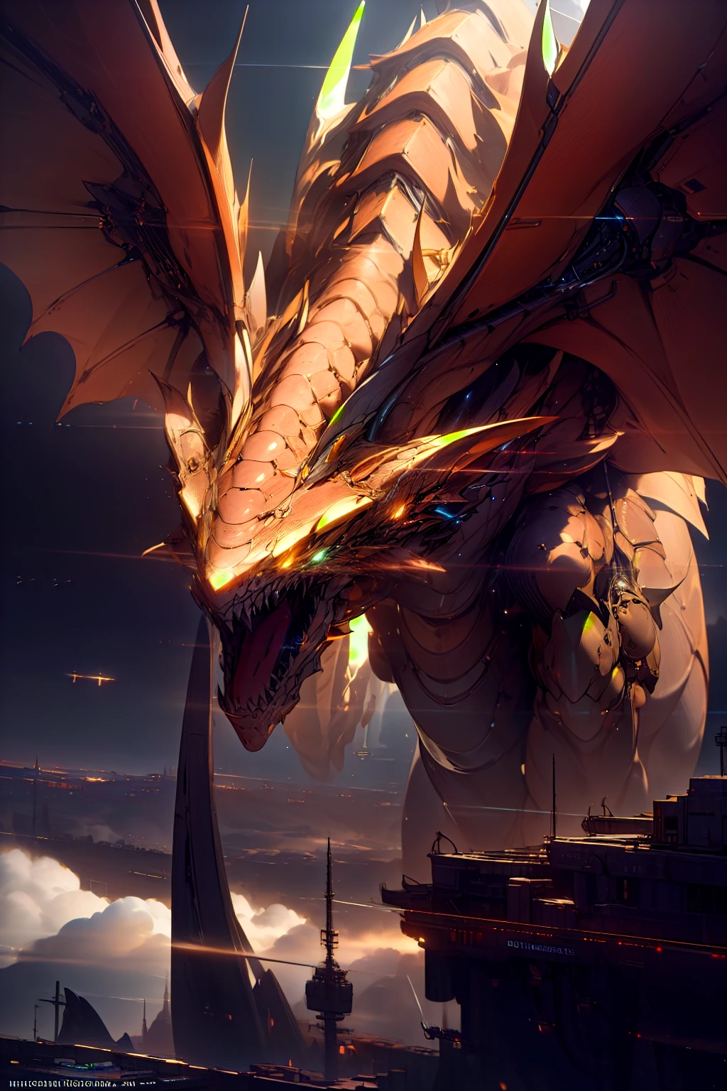 masterpiece, best quality, high quality, (futuristic:1.1), cinematic lighting, cinematic ,beautiful and aesthetic, ultra detailed, great composition, floating, depth of view, (extremely detailed CG, unity 8k wallpaper), (beautifully detailed background), beautiful hair details, dramatic lighting, mecha, gear, dragon, giant dragon
